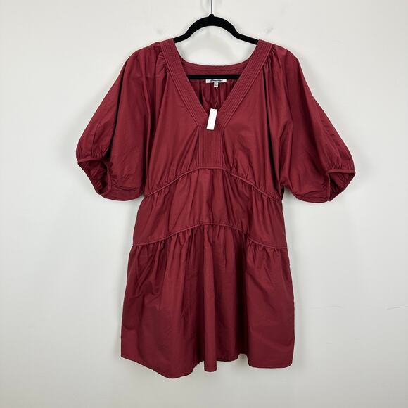 Madewell Puff Sleeve Mini Dress Poplin Claret Burgundy A Line Pockets XL NWT - Picture 7 of 14